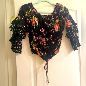 Altar’d State Floral Black Crop Top Long Sleeve Blouse - size S